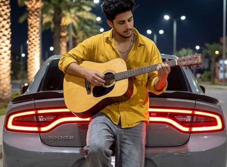 Night Guitarist with Modern Sedan