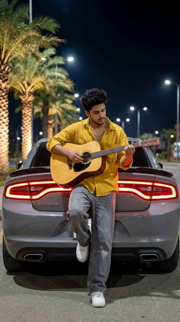 Night Guitarist with Modern Sedan